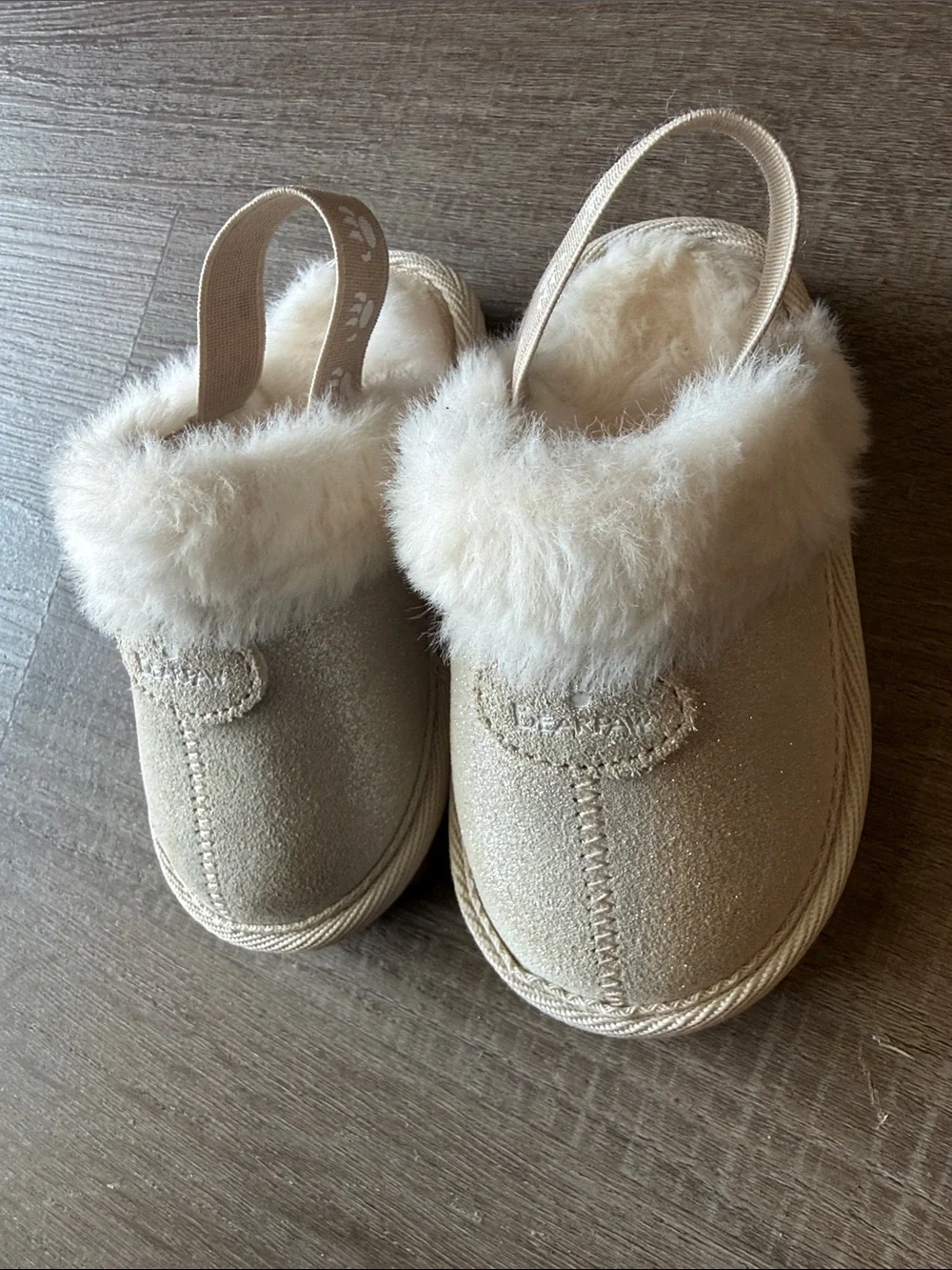 BEARPAW Baby Rebecca Suede Slippers Champagne Glitter Sandstone Size 5